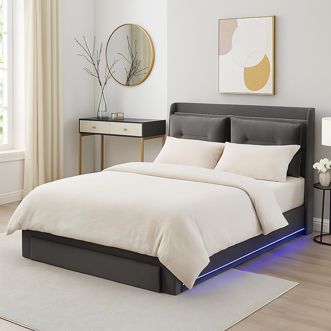 Grey velvet upholstered storage gas lift bed with drawer and LED light (150*200cm) BOVU GREY KING UK