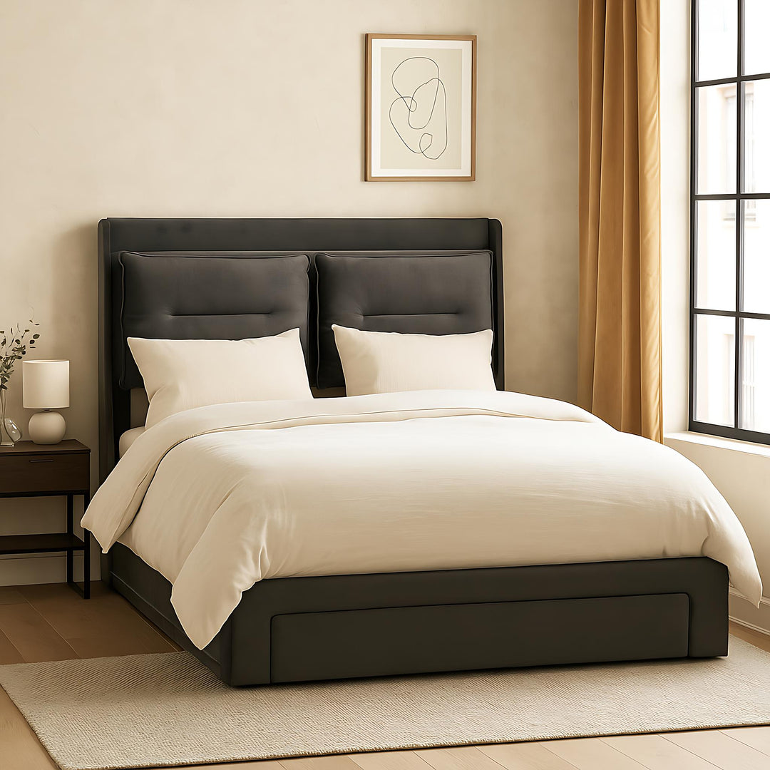 Grey velvet upholstered storage gas lift bed with drawer and LED light (150*200cm) BOVU GREY KING UK