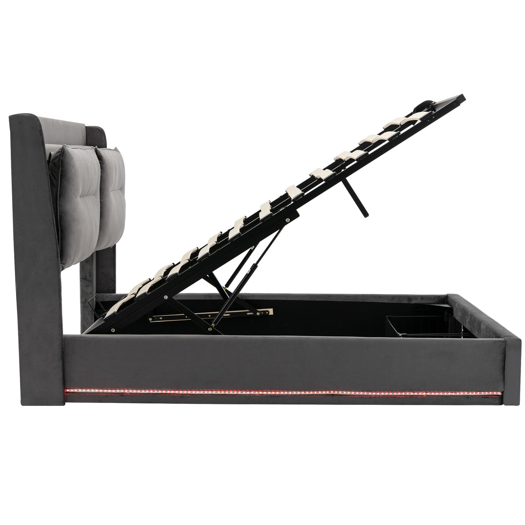 Grey velvet upholstered storage gas lift bed with drawer and LED light (150*200cm) BOVU GREY KING UK