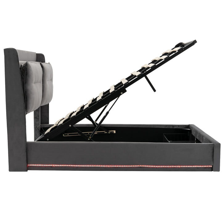 Grey velvet upholstered storage gas lift bed with drawer and LED light (150*200cm) BOVU GREY KING UK