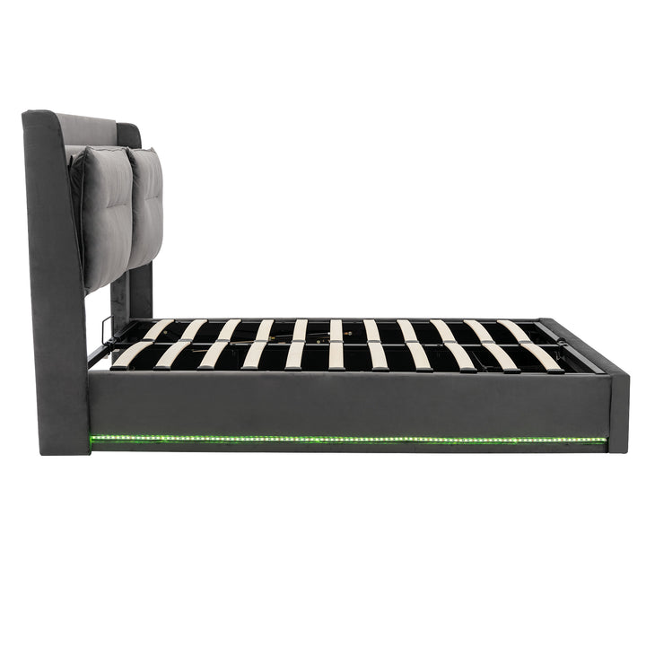 Grey velvet upholstered storage gas lift bed with drawer and LED light (150*200cm) BOVU GREY KING UK