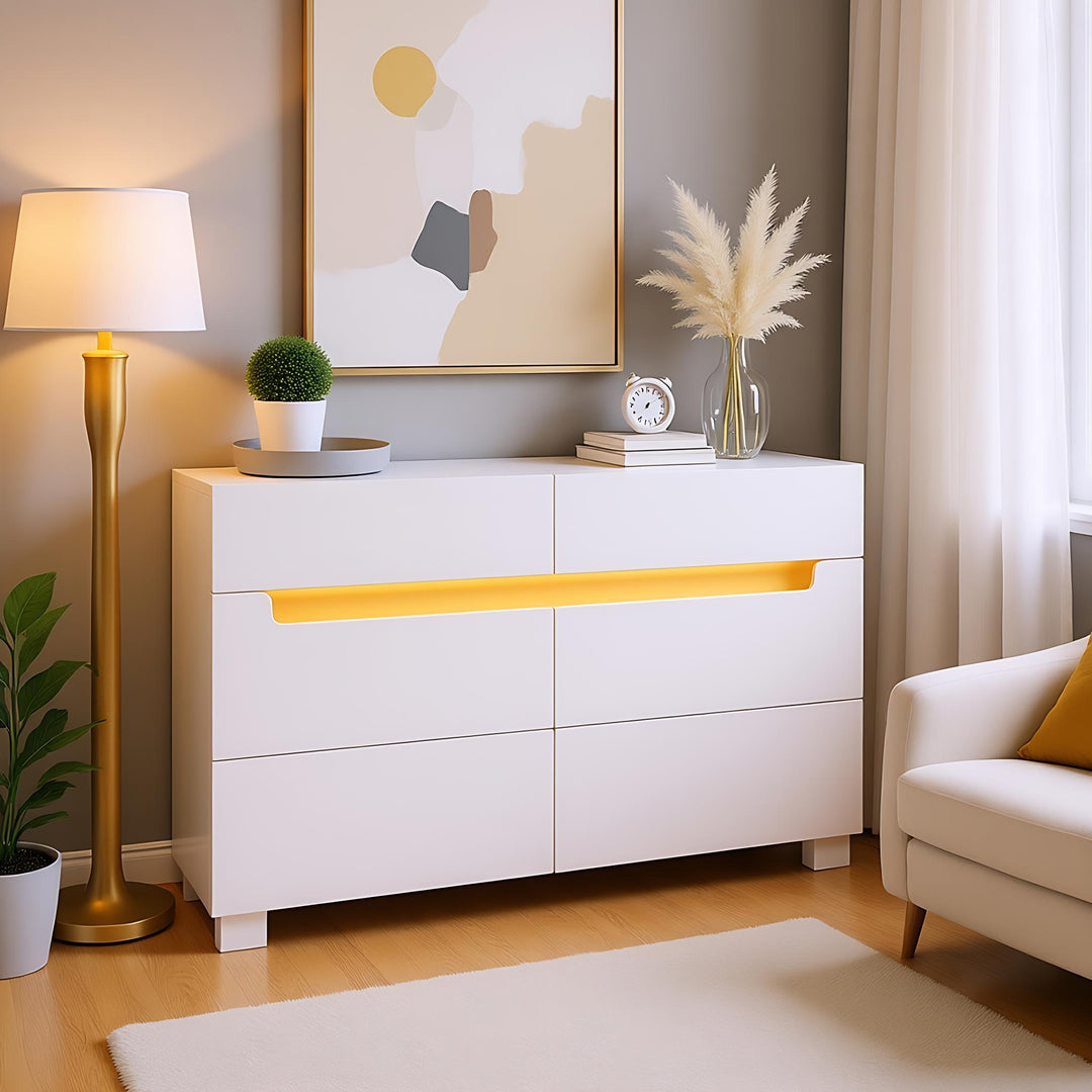 White sideboard dresser with 6 drawers and LED light BRULQOIKS UK