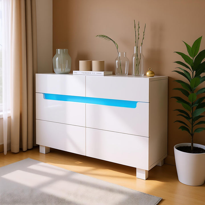 White sideboard dresser with 6 drawers and LED light BRULQOIKS UK