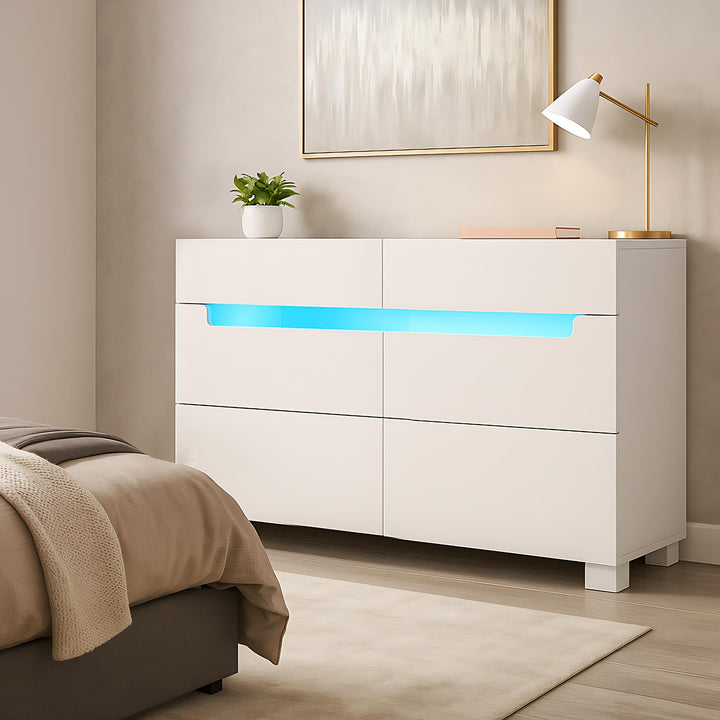 White sideboard dresser with 6 drawers and LED light BRULQOIKS UK
