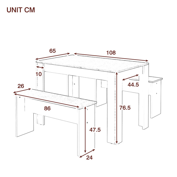 White & grey marble look dining table set with 2 benches NODFACTOR