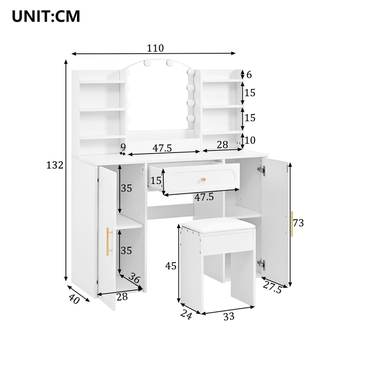 Modern white vanity makeup table with stool, LED mirror 110x40x132cm ELEGANT TABLE SET