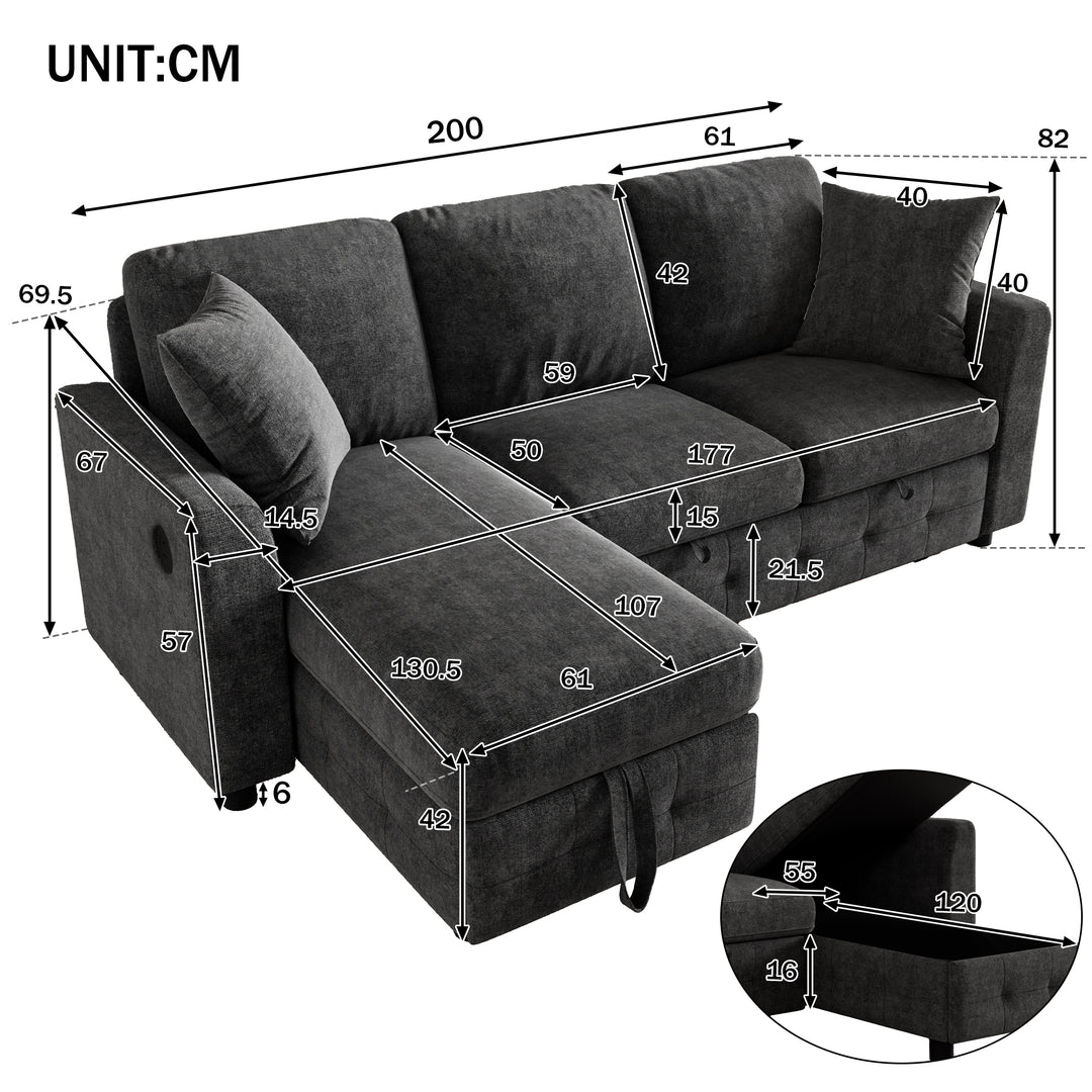 L-Shaped Corner 3-Seater Sofa Bed Grey Chenille with Storage Chaise and USB Charging 200cm ARROWCHEST