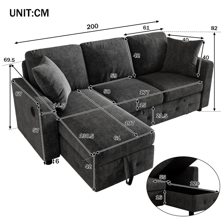 L-Shaped Corner 3-Seater Sofa Bed Grey Chenille with Storage Chaise and USB Charging 200cm ARROWCHEST