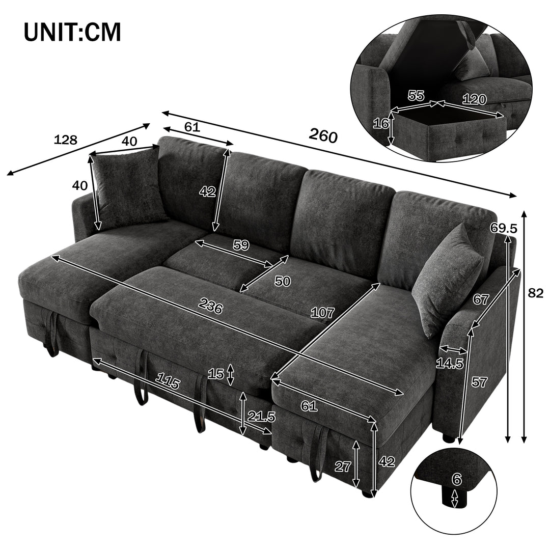 U-Shaped Sectional Sofa Grey Chenille with Pull-Out Bed &amp; 2 Storage Chaises 260cm ARROWCABINET