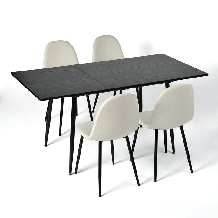 Black wood effect extendable table set 120-160 and 4 scandinavian chairs WHALEN DARK WOOD STRETCH TABLE BLACK LEG + CHARLTON FABRIC BEIGE