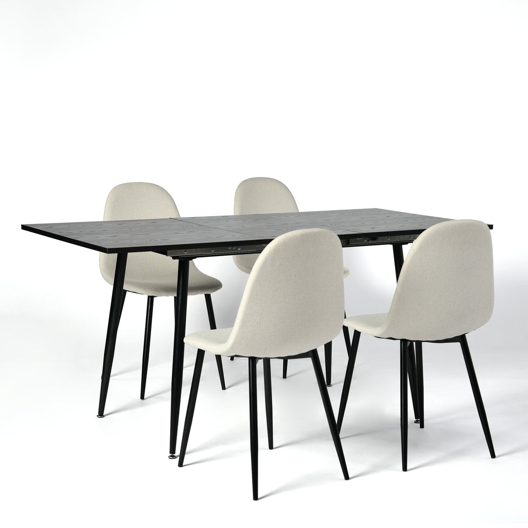 Black wood effect extendable table set 120-160 and 4 scandinavian chairs WHALEN DARK WOOD STRETCH TABLE BLACK LEG + CHARLTON FABRIC BEIGE