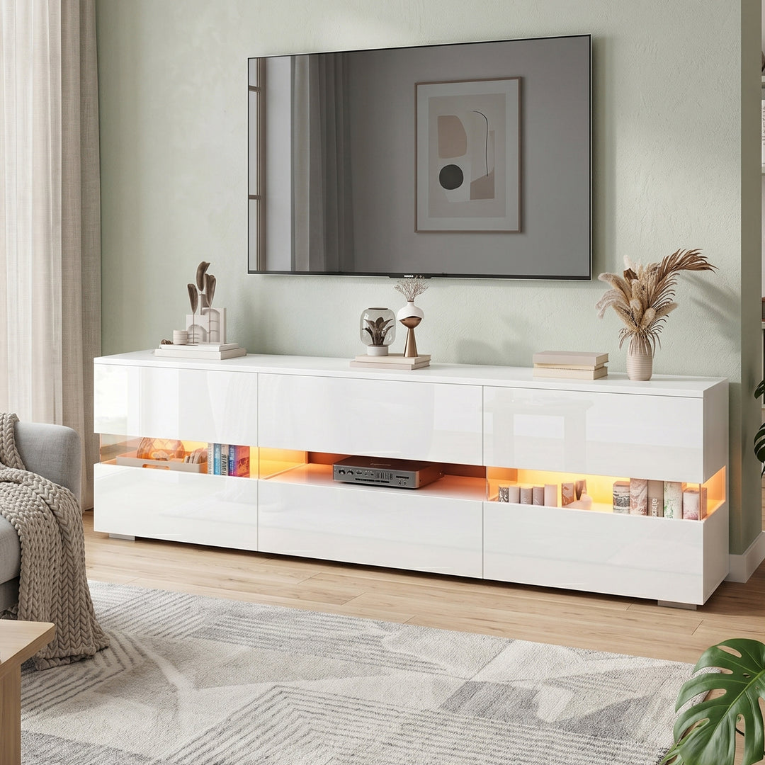 White high gloss TV stand with LED lights 4 doors 2 drawers 160cm COMPACTRESINPRIME