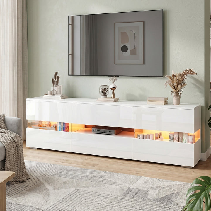 White high gloss TV stand with LED lights 4 doors 2 drawers 160cm COMPACTRESINPRIME