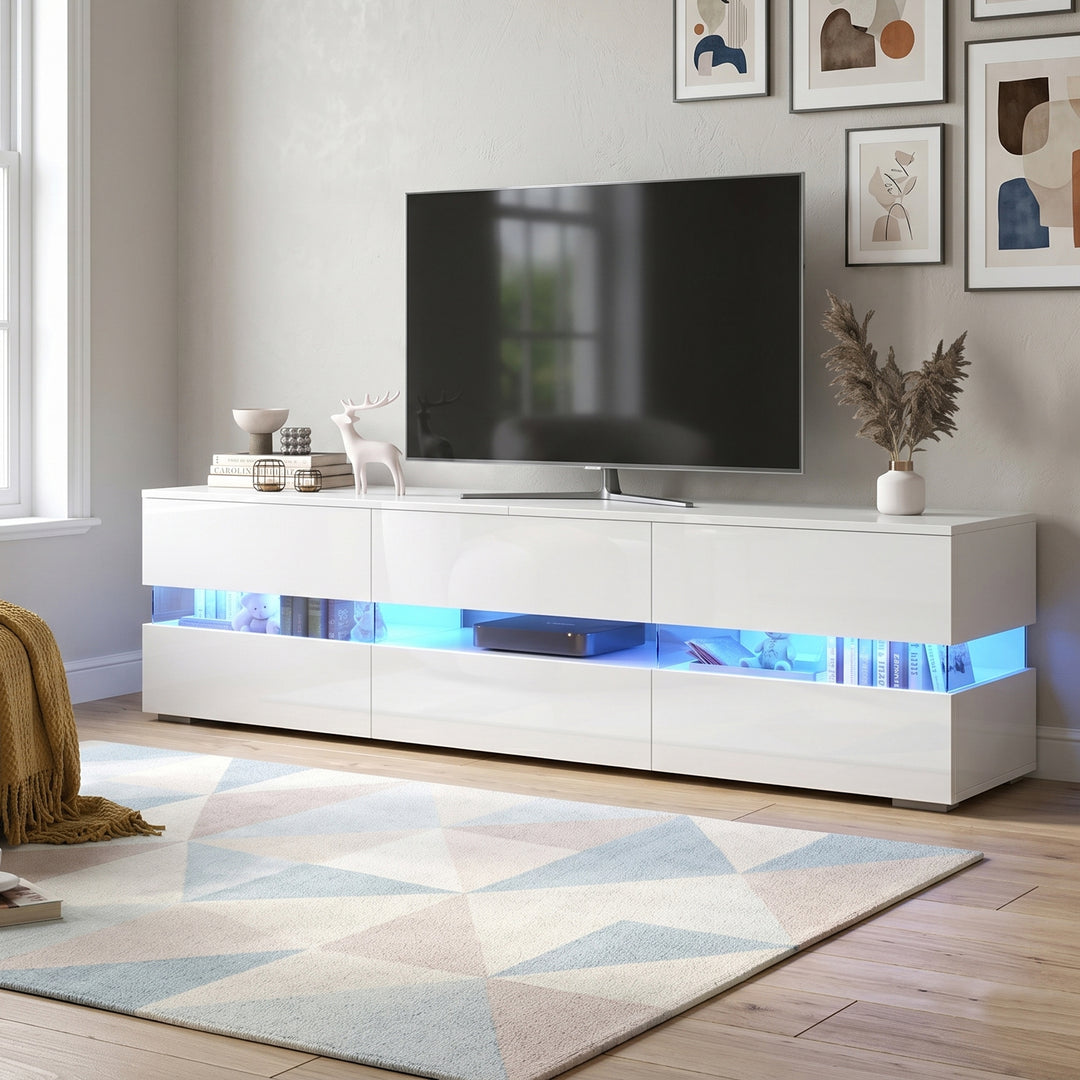 White high gloss TV stand with LED lights 4 doors 2 drawers 160cm COMPACTRESINPRIME