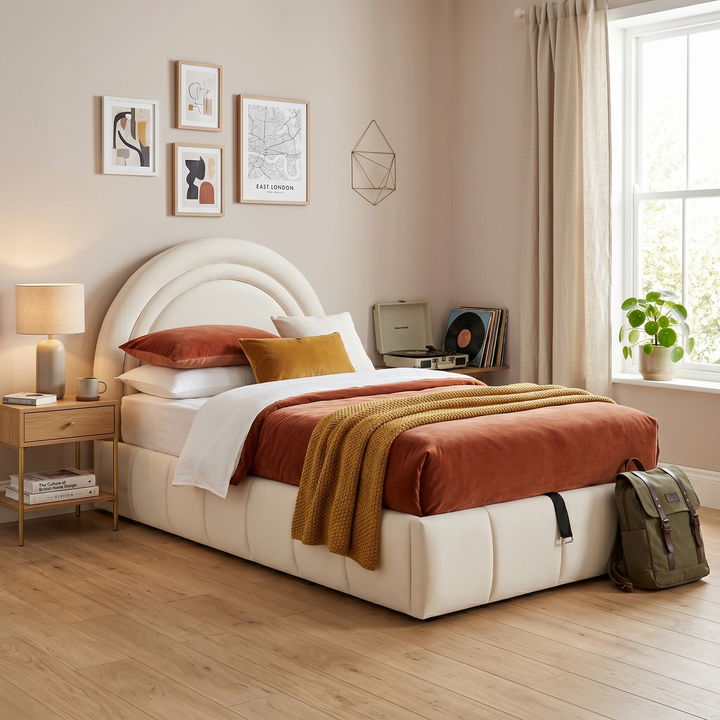 Single arched headboard beige velvet upholstered ottoman bed 90x190cm COMPACTSTONEONE