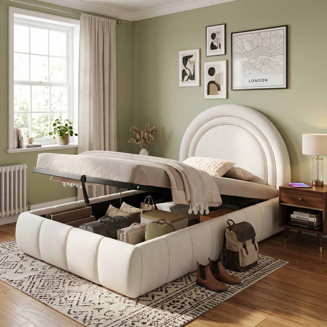 Single arched headboard beige velvet upholstered ottoman bed 90x190cm COMPACTSTONEONE