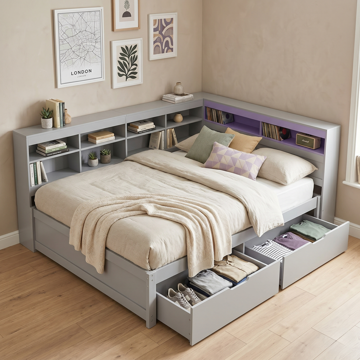 Grey double daybed with storage drawers, LED headboard, charging station (135x190cm) COMPACTVANITY