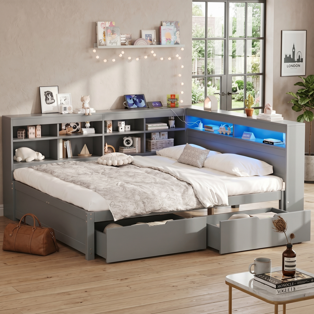 Grey double daybed with storage drawers, LED headboard, charging station (135x190cm) COMPACTVANITY