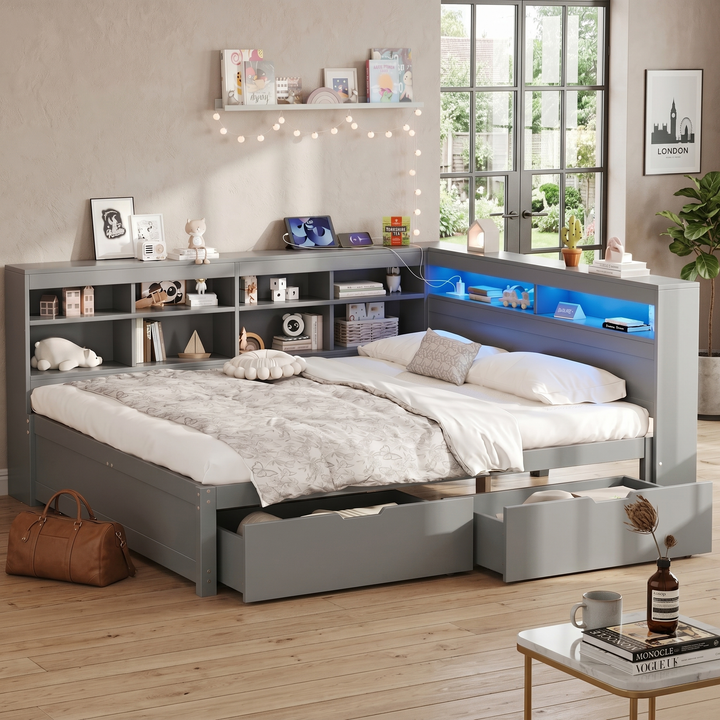 Grey double daybed with storage drawers, LED headboard, charging station (135x190cm) COMPACTVANITY