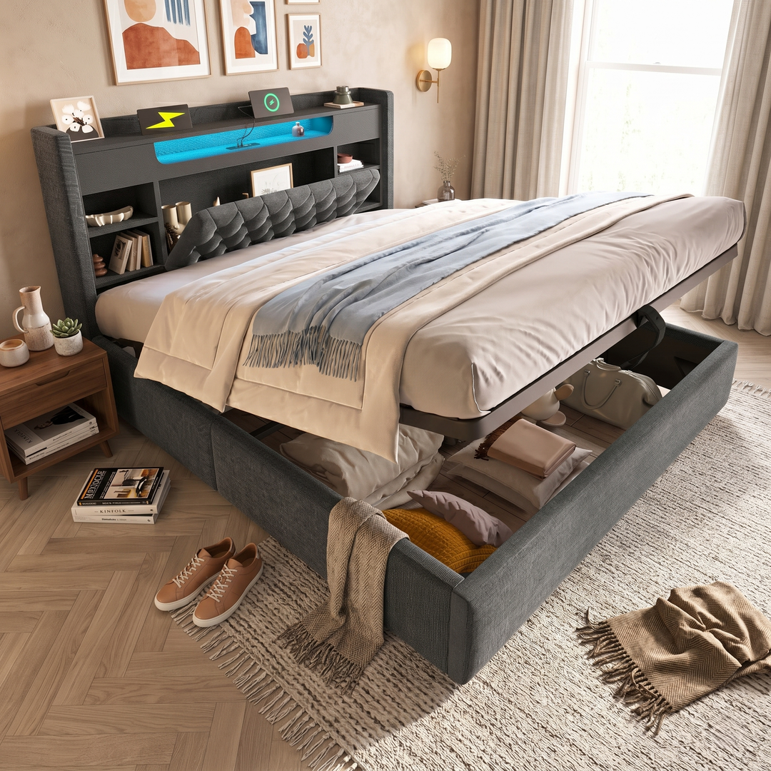 Super King bed frame ottoman end opening with LED headboard, linen grey, no mattress (180x200cm) COMPACTWARDROBE