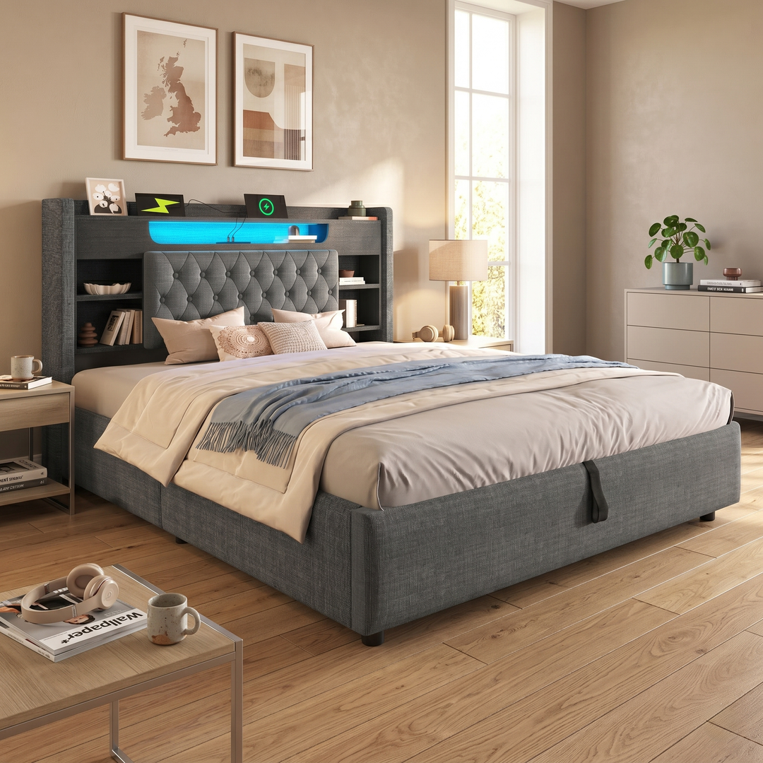 Super King bed frame ottoman end opening with LED headboard, linen grey, no mattress (180x200cm) COMPACTWARDROBE