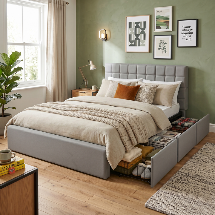 Upholstered tuffed PU grey ottoman double bed 3 drawers 140x190cm CONCRETEBED