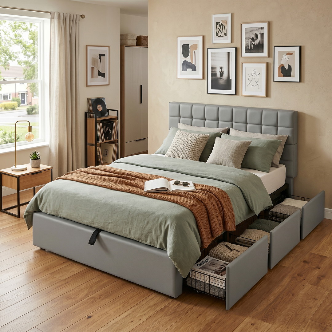 Upholstered tuffed PU grey ottoman double bed 3 drawers 140x190cm CONCRETEBED