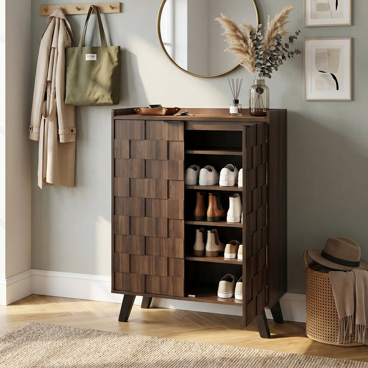 Walnut wooden shoe cabinet vintage geometric pattern with 2 doors CONCRETECLOCK