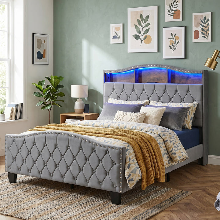 Grey velvet tufted double upholstered divan bed with shelves, LED Lights (135x190cm) CONCRETECONSOLE