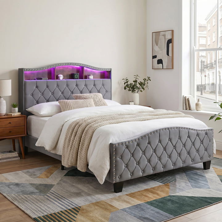 Grey velvet tufted double upholstered divan bed with shelves, LED Lights (135x190cm) CONCRETECONSOLE