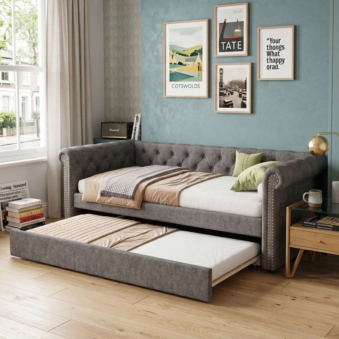 Single tufted upholstered velvet grey daybed sofa bed (90x190cm) CONCRETECONTAINER