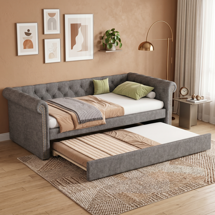 Single tufted upholstered velvet grey daybed sofa bed (90x190cm) CONCRETECONTAINER