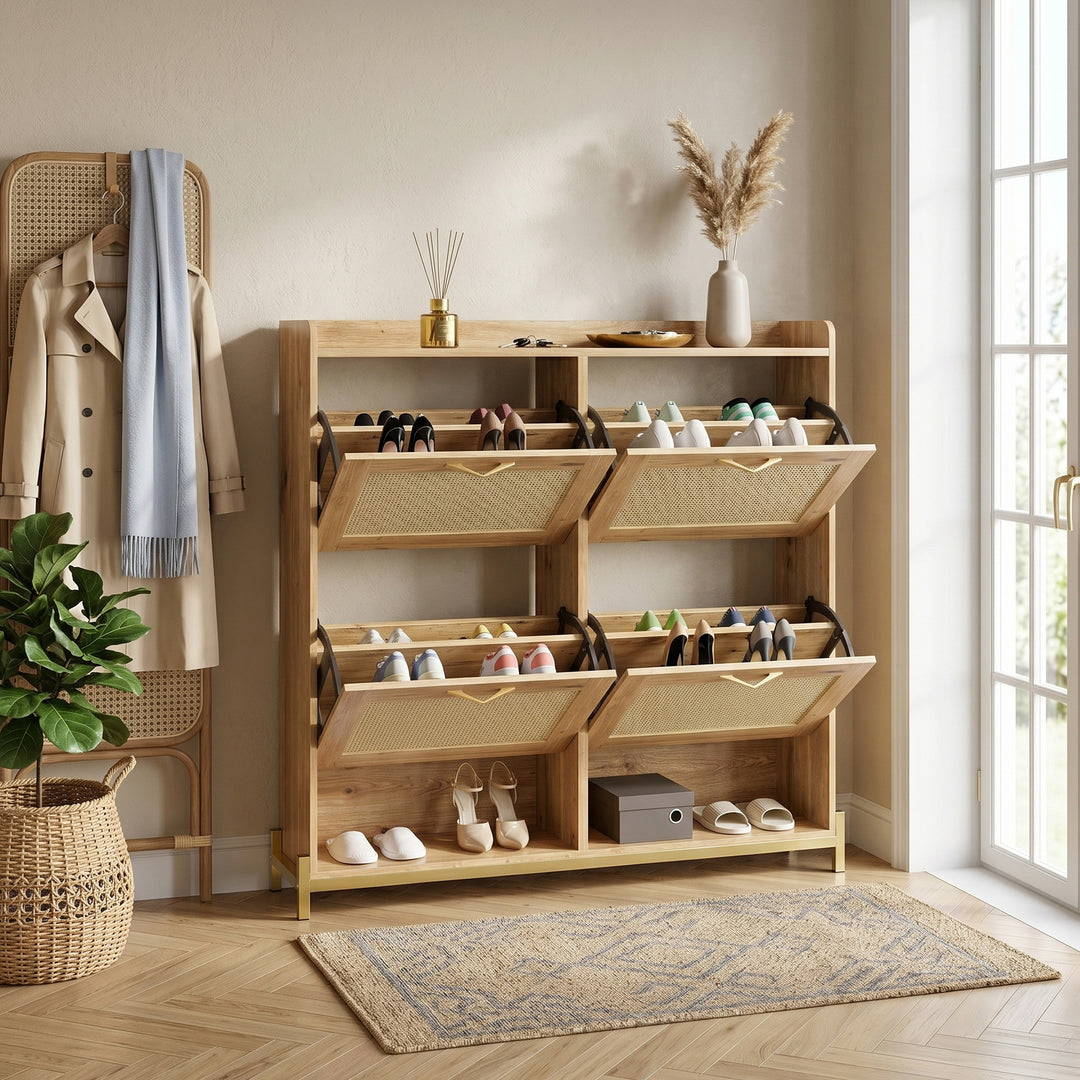 Wooden shoe cabinet with 4 rattan doors and bottom shelf CONCRETECREDENZA