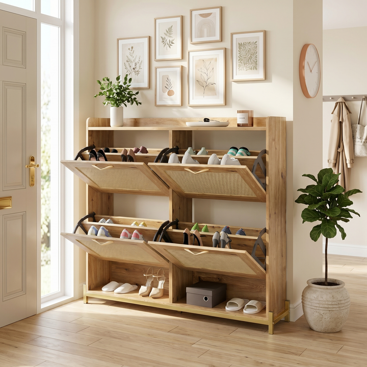 Wooden shoe cabinet with 4 rattan doors and bottom shelf CONCRETECREDENZA