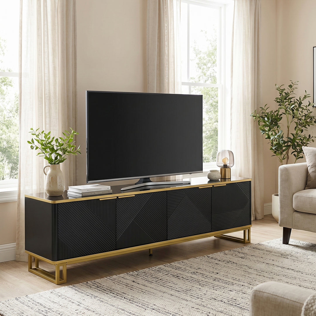 Luxury geometric texture TV stand, black & gold finish 4 doors CONCRETECURTAIN
