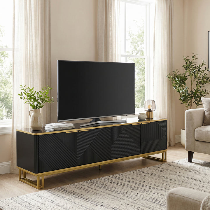 Luxury geometric texture TV stand, black & gold finish 4 doors CONCRETECURTAIN