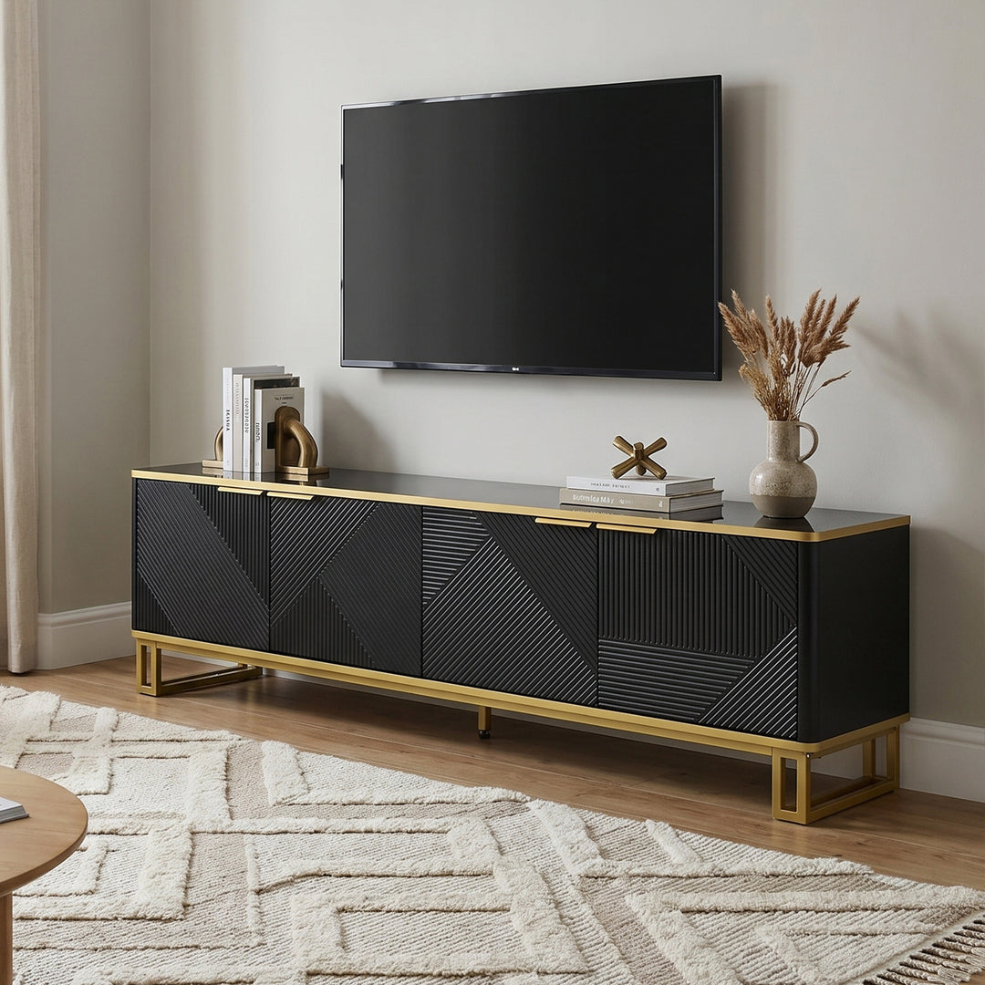 Luxury geometric texture TV stand, black & gold finish 4 doors CONCRETECURTAIN