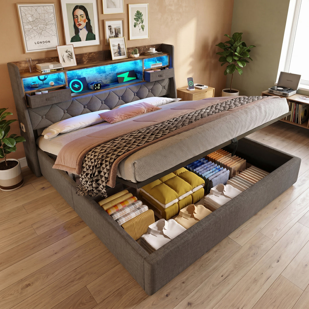 LED storage double size ottoman bed with lift-up end opening and tufted headboard (135x190cm) CONCRETENIGHTSTAND