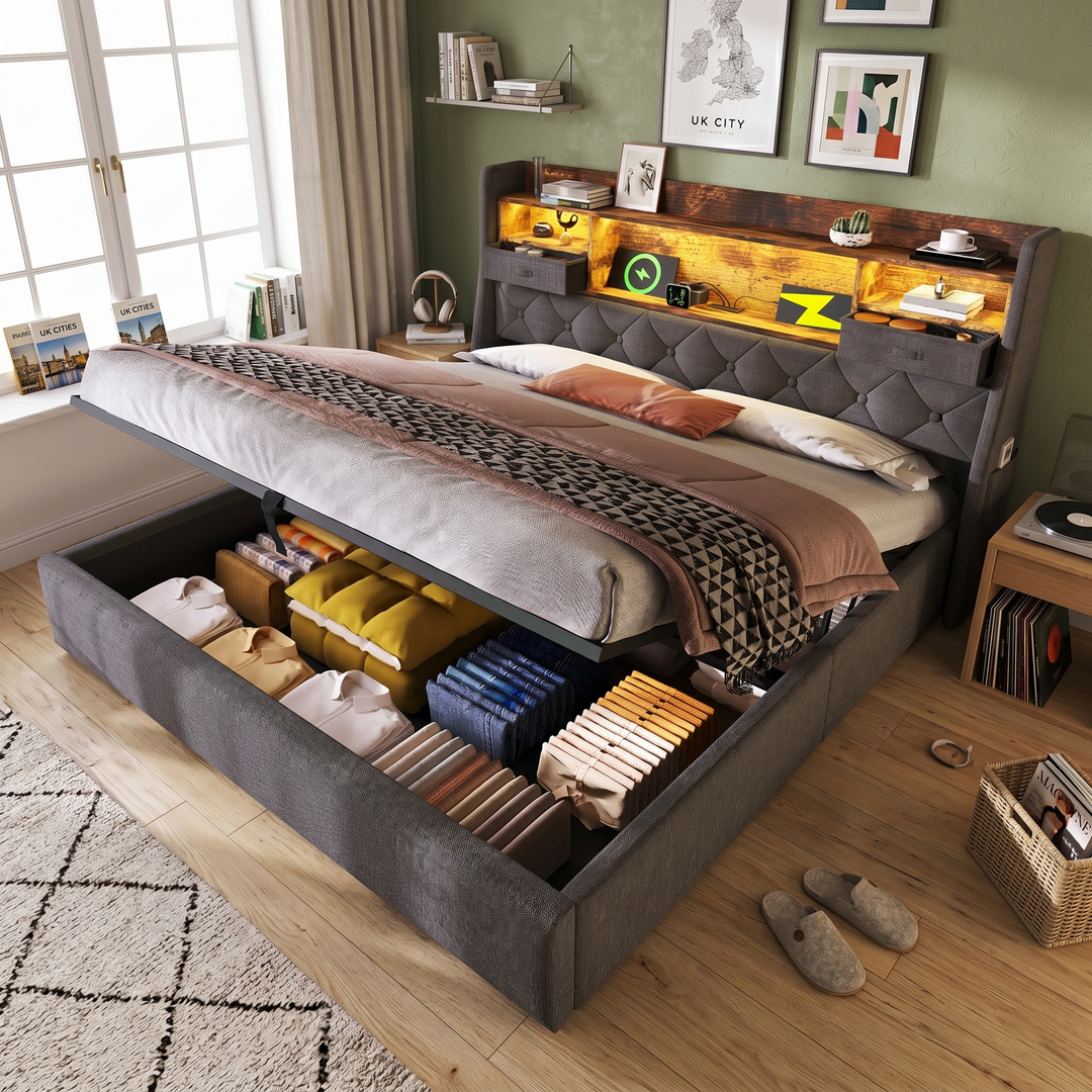 LED storage double size ottoman bed with lift-up end opening and tufted headboard (135x190cm) CONCRETENIGHTSTAND