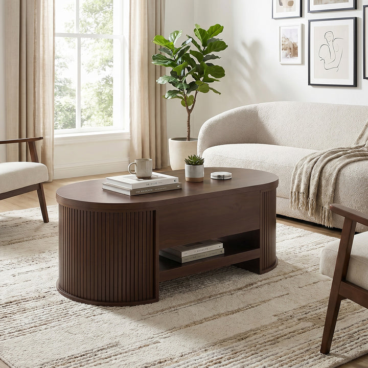 Walnut wooden oval lift-top coffee table with hidden storage and tray, rounded fluted design CONCRETEORGANIZER