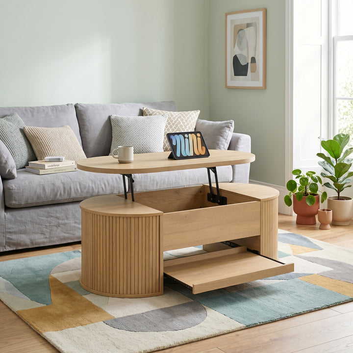 Light wooden oval lift-top coffee table with hidden storage and tray, rounded fluted design CONCRETEPILLOW