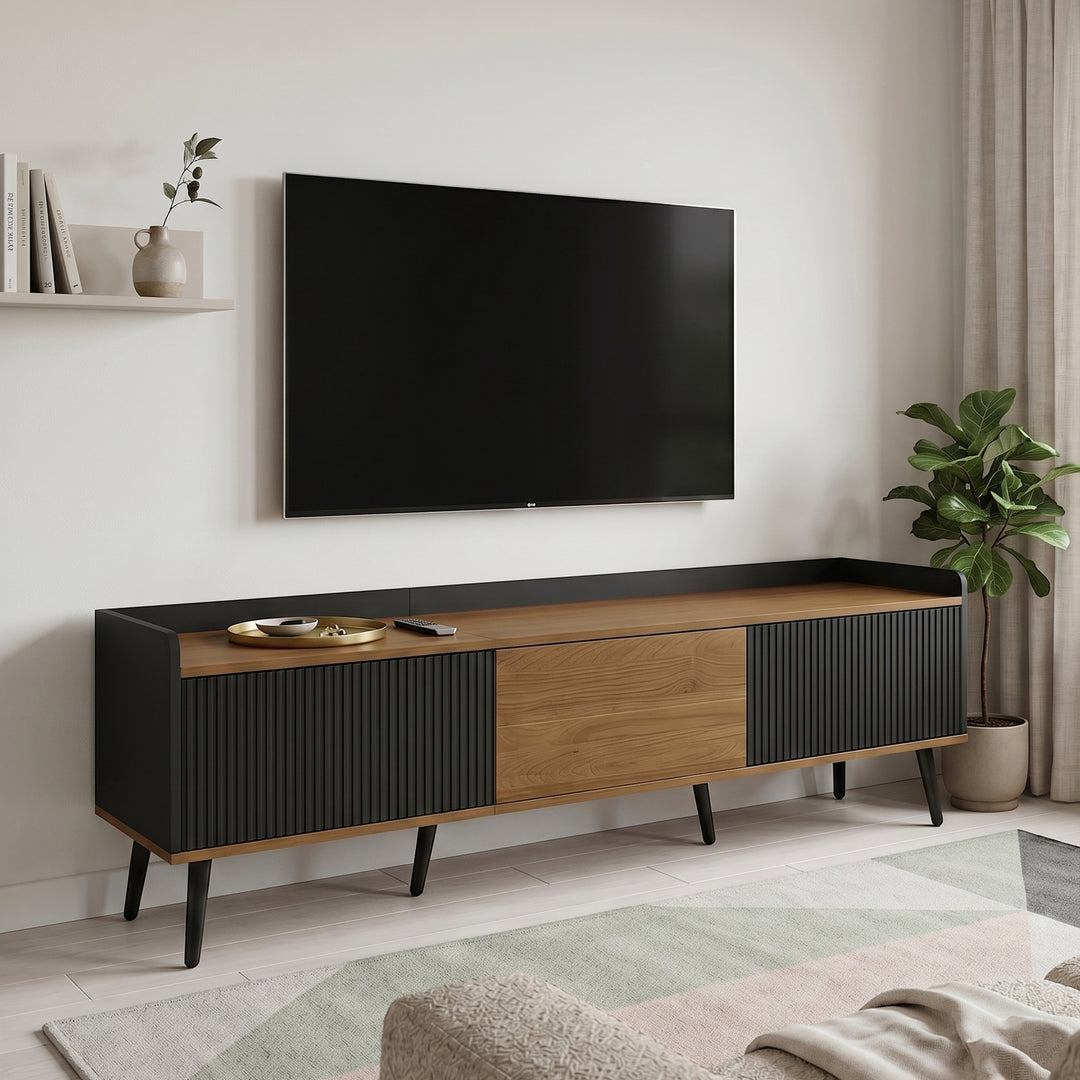 Wooden black fluted TV stand 3-door tapered legs CONSOLEECO