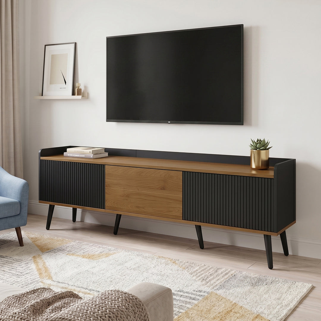 Wooden black fluted TV stand 3-door tapered legs CONSOLEECO