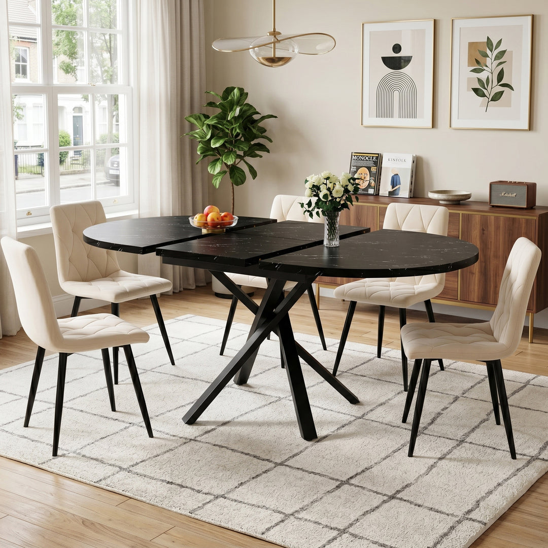 Black marble look extendable round to oval dining table 100-140cm CONSOLENEST