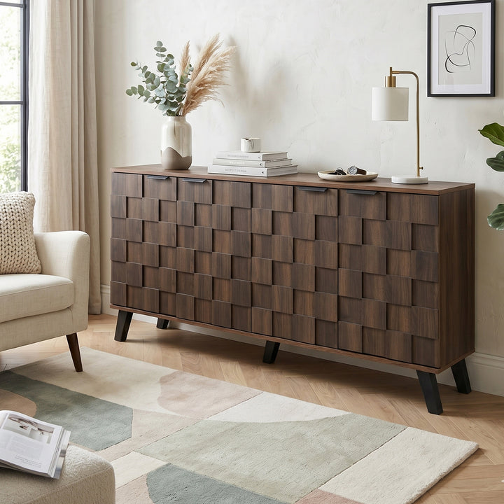 Walnut wooden sideboard vintage geometric pattern with 4 doors 150x35x78cm CONSOLEPLUS