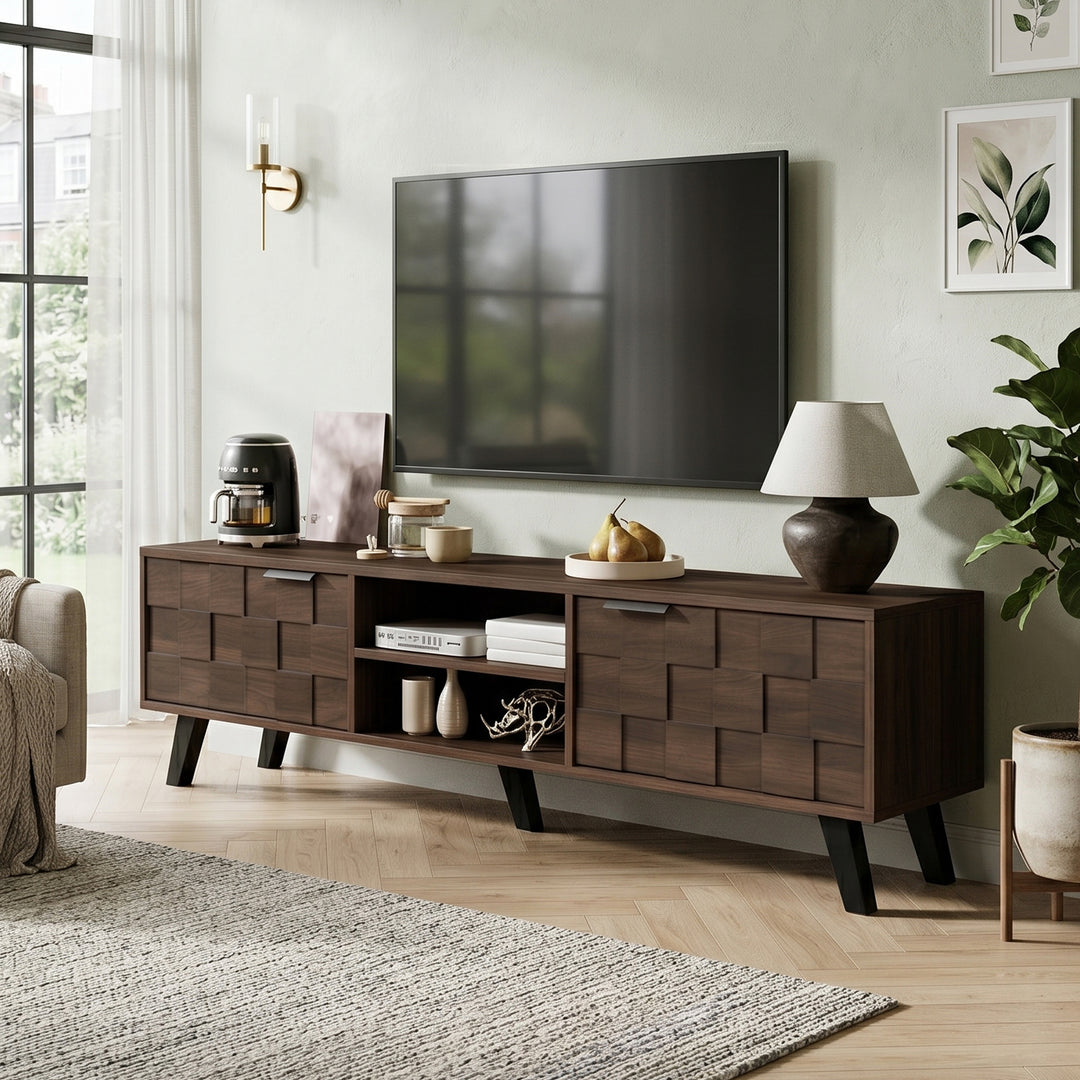 Walnut wooden TV cabinet vintage geometric pattern with 2 doors CONSOLEPRO