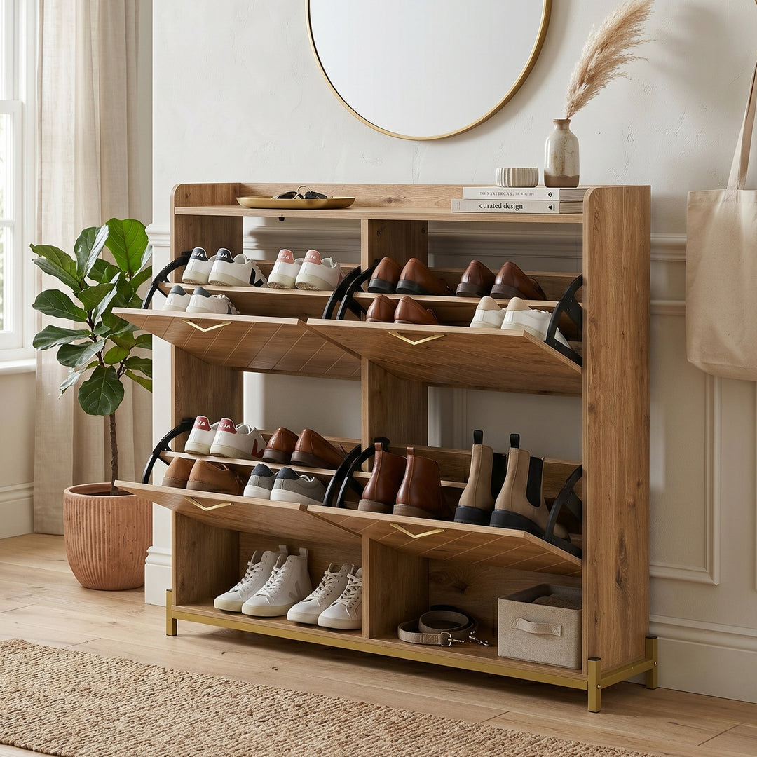 Wooden shoe cabinet diagonal stripe with 4-door gold accents 108.5×24×100cm COUNTRY DESK