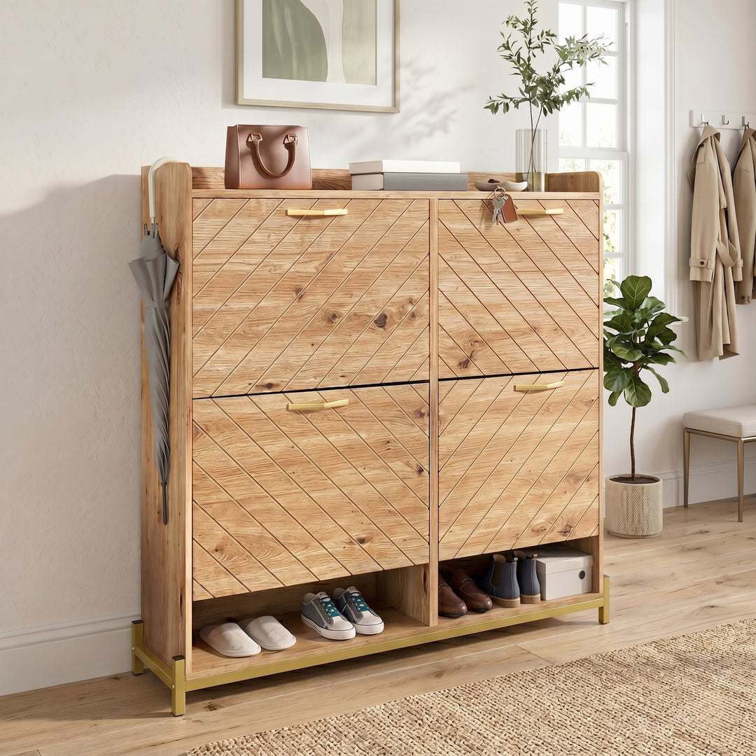 Wooden shoe cabinet diagonal stripe with 4-door gold accents 108.5×24×100cm COUNTRY DESK