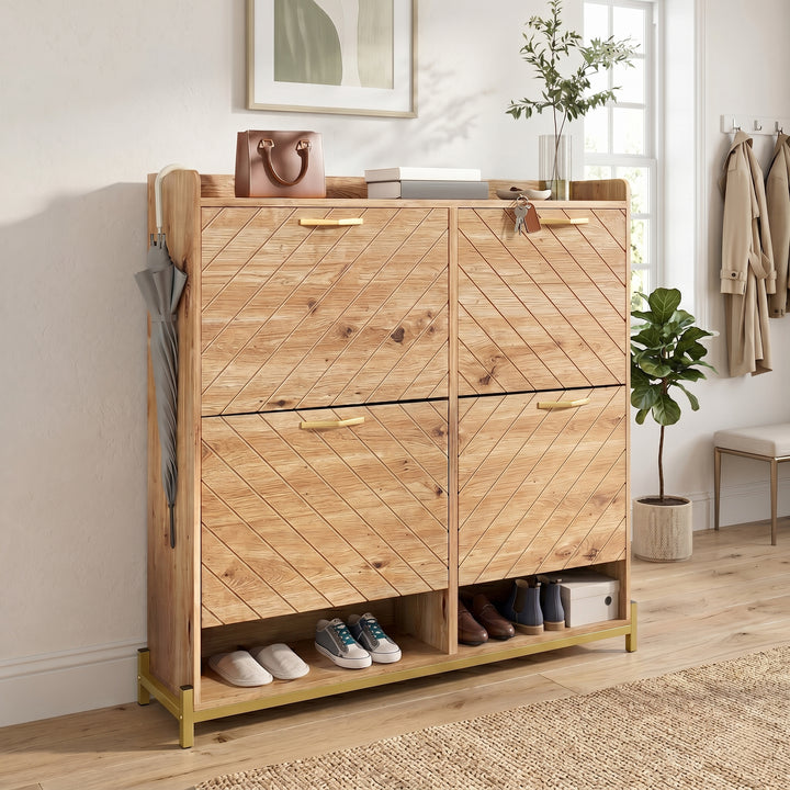 Wooden shoe cabinet diagonal stripe with 4-door gold accents 108.5×24×100cm COUNTRY DESK