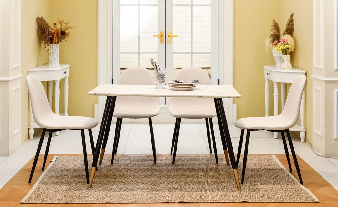 Dining Set,Dining Table Scandinavian style rectangular white marble,Set of 4 Scandinavian dining room chairs beige WHALEN MARBLE TABLE BG + CHARLTON FABRIC BEIGE BLACK LEG